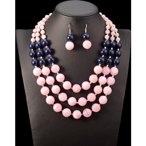 Three Layer Bib Beads African Necklace Earrings Set Nigerian Wedding Indian Jewelry Statement Collier Pink Pearl Boho Necklace