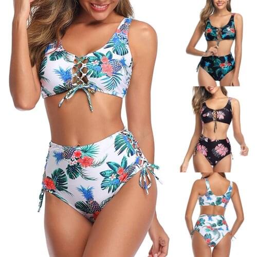 Floral printed swimwear Plus size bathing suits XXL High waist swimming suits for women Two pieces swimsuit Sexy bandaged bikini