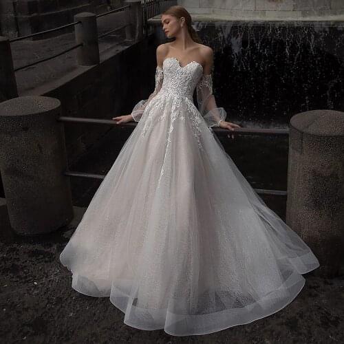 Princess Sweetheart Wedding Dresses 2021 A-Line Lantern Long Sleeve Appliques Sequins Tulle Sweep Train Bridal Gown Lace-Up