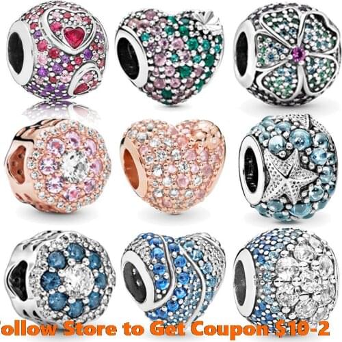 925 Sterling Silver Beads 9 Multiple Color CZ Ocean Love Heart Beads Charms fit Original Pandora Bracelets DIY Jewelry