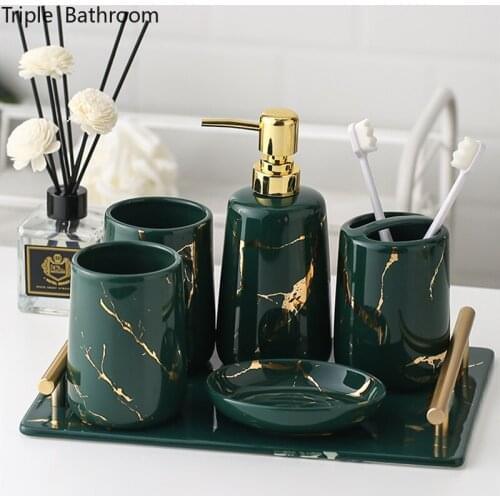 Ceramic Bathroom Accessories Set Washing Tool Marble Stripes Soap Dish Toothbrush Holder Storage Tray Liquid Soap Dispenser
