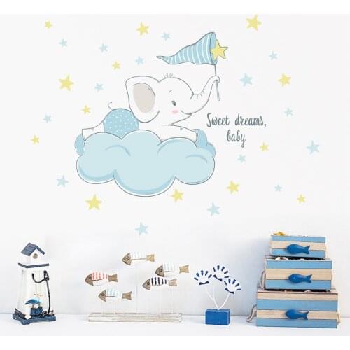 Cartoon Animal Elephant On Cloud English Star Wall Sticker Childrens Room Bedroom Home Self-Adhesive Wallpaper