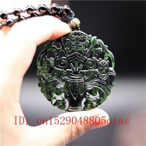 Natural Black Green Jade Chinese Style Pendant Beads Necklace Charm Jewelry Double-sided Hollow Carved Amulet Gifts for Her Men