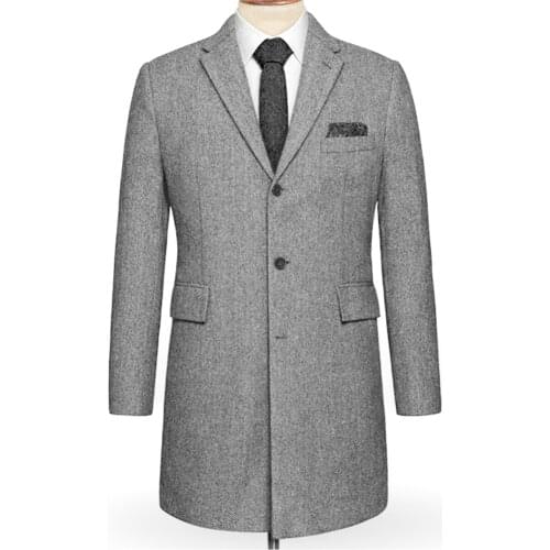 NEW Men Coats Custom Made Winter Long Coat Grey Herringbone Tailored Long Jacket For Men Mid Length Overcoat Manteau Homme Hiver