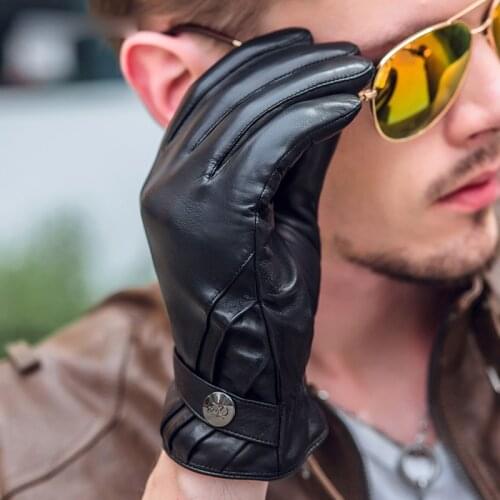 Mans Leather Gloves Business Slim Hand Sheepskin Keep Warm Thicken Classic Black Driving Real Leather Gloves Male NM790