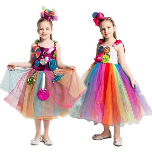 Girls Rainbow Candy Dress Kids Lollipop Modeling Frock Baby Girl Performance Costumes Summer Children Birthday Party Clothes