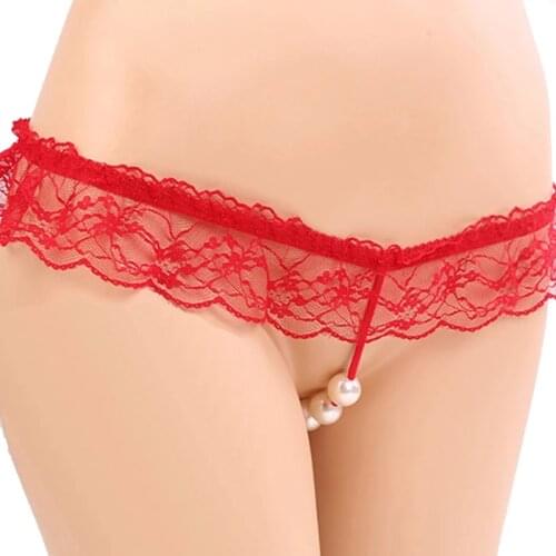 Women Sexy Lace Panties Open Crotch Thong G-Strings with Pearls Massaging Bead Crotchless Erotic Underwear for Sex Lingerie Toys