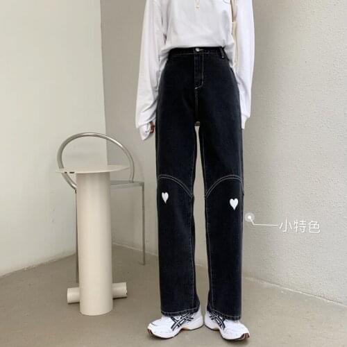Vintage Daddy Pants Women High Waist Straight Loose Wide Leg Jeans Cute Streetwear Love Print Black Denim Trousers