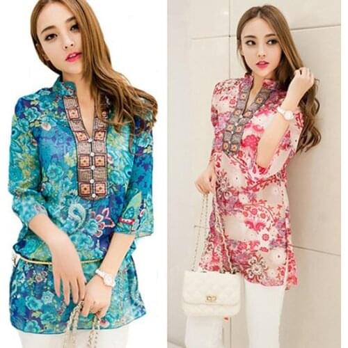 Womens Fashion Summer Korean Style Ethnic Loose Chiffon Blouse Chiffon Half Sleeve Plus Size 5XL Floral Casual Top
