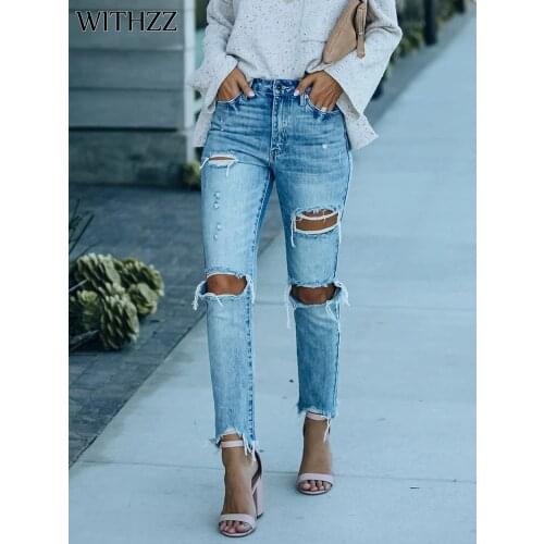 WITHZZ Spring Summer Female Denim PantsTrousers Slim Straight Pants Womens Hole Ripped Jeans
