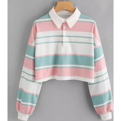 2021 Autumn New Women Fashon Long Sleeve Polo Collar Buttons Crop Top Casual Short T Shirt Pullovers Fashion Camiseta Mujer