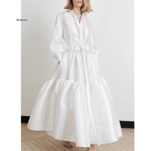 Fashion White Shirt Dress Satin Lapel Button Lantern Long Sleeve Pleated Ruffle Hem Midi Dress Elegant Lace Patchwork