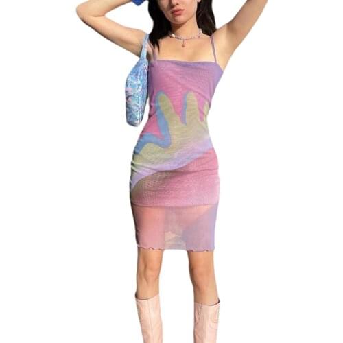 2021 Sexy Bodycon Cami Dress Womens Fashion Gauze Sleeveless Spaghetti Strap Abstract Print Mesh Reversible camisole Dress