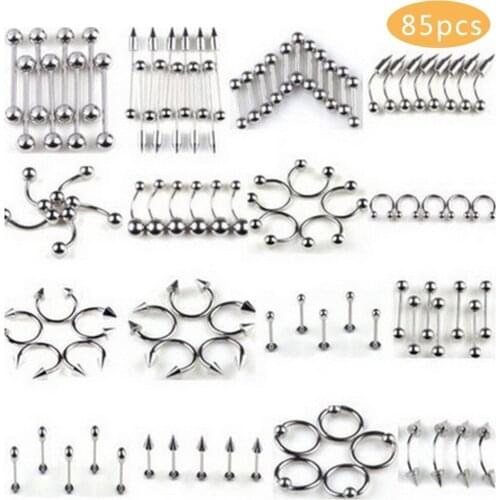 85Pcs/set Men Women Tongue Eyebrow Lip Nose Navel Belly Rings Surgical Steel Nipple Body Piercing Jewelry