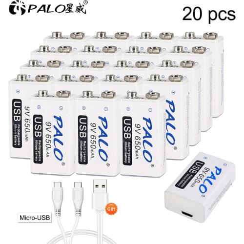 PALO 20pcs USB 9V 6F22 650mAh lithium Rechargeable Battery 9 volt fast charging li-ion batteries