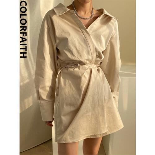 Colorfaith New 2021 Women Spring Summer Shirt Dress Fashionable Elegant High Waist Vintage Korean Lace Up Pure Mini Dress DR3225