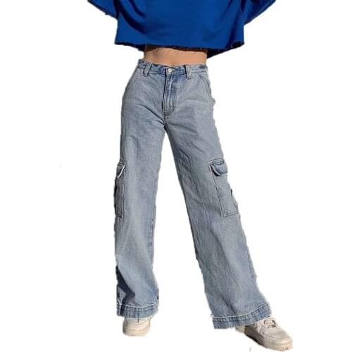Wide Leg Jeans Women Spring Autumn Fashion Big Pockets High Waist Straight Leg Jeans Female Casual Loose Denim Pants