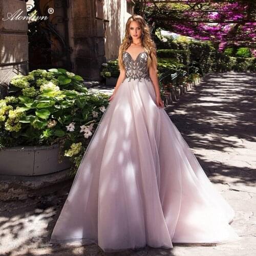 Alonlivn Elegant Pink Tulle Beading Crystals Top Vestido De Noiva Sweetheart Backless Bride Dresses For Special Occasion