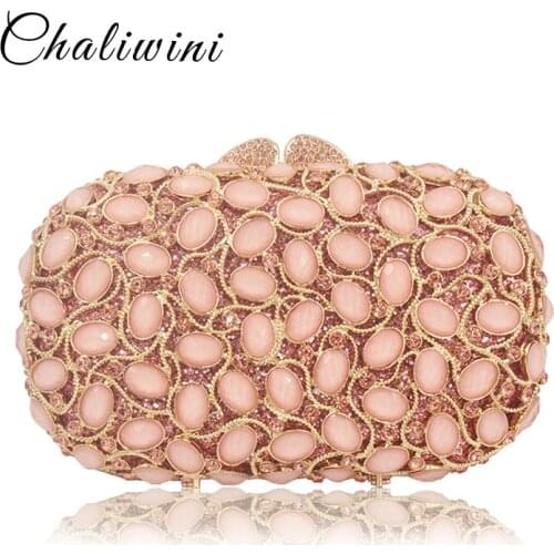 Elegant Pink Diamond Hollow Out Evening Clutches Bag Women Fashion Wedding Party Handbag Purse Bridal Crystal Clutch