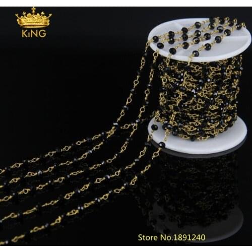 Hot! Black Jade Crystal Quartz Faceted Beaded Rosary Chains Bronze Plated Gold Silver Plated or Brass Plated Chain Necklace LS36