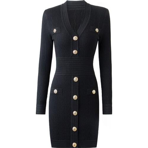 HarleyFashion New Autumn Designing Luxurious Long Sleeve V-neck 4 Colors Sheath Casual Knitted Mini Dress