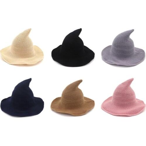 Hot Women Modern Witch Hat Foldable Costume Sharp Pointed Cotton Halloween Party Hats Witch Hat Warm Autumn Winter Cap