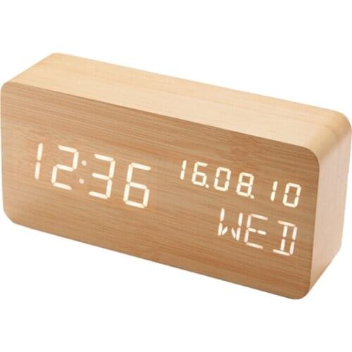 JFBL Hot Led Alarm Clock,Wooden LED Digital Alarm Clock, Displays Time Date Week And Temperature, Square Wood-shaped Sound Con
