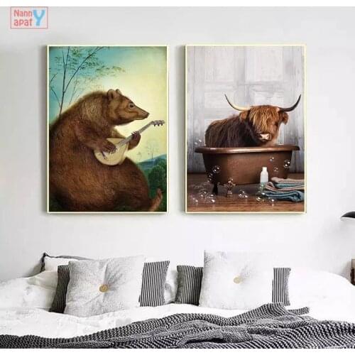 Bathing Canvas Painting Funny Animal Poster Bear Playing Guitar Cow Canvas Wall Art Pictures For Living Room Modern Home Decor