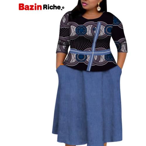 Summer Two Pcs African Skirt Sets for Women 3/4 SleeveTop with Buttons Pearls Cover Knee Maxi Dress Two Pockets WY8856