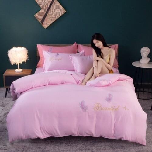 Washed Silk Feather Embroidery Four-piece Solid Color Bed Sheet Quilt Cover Pillowcase Tencel Four-piece Set Bedsheet Set