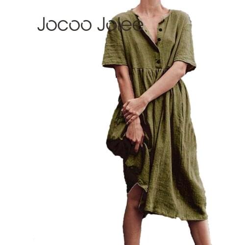 Jocoo Jolee Women Dress Summer Button Short Sleeve Solid Loose Midi Dress Vintage Cotton And Linen Minimalist Straight Dress