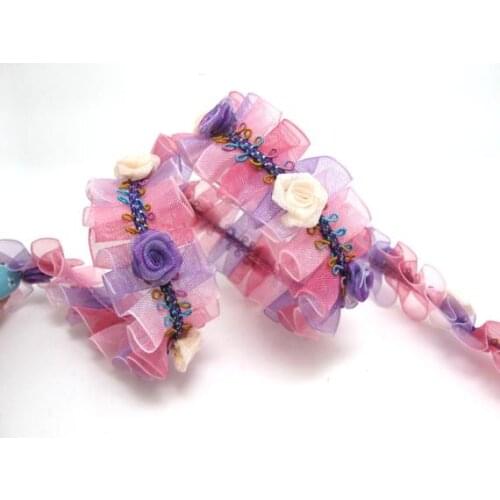 Pleated Trim|w Rococo Flower Trim|1 1/8 Inches Pleated Ombre Printed Chiffon Trim|Organza Chiffon Trim|Retro Handmade Supplies