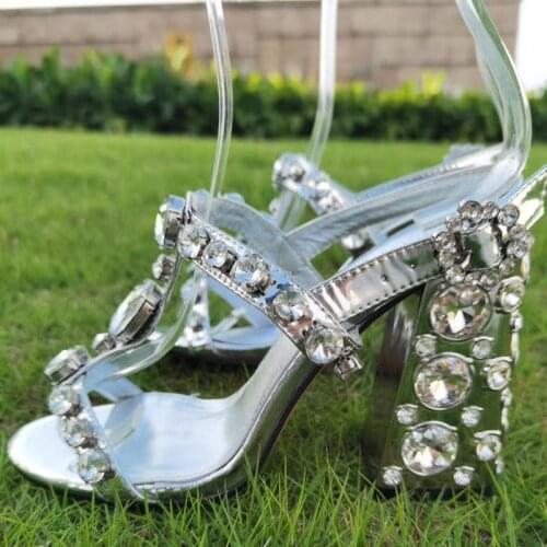 Casual Designer sexy lady fashion womens sandals Gold patent real leather crystal strass strappy slingback chunky high heels