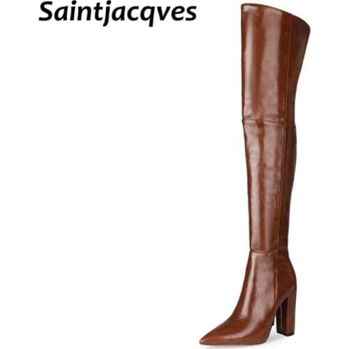 2021Fashion Shoes for Woman Winter Sexy Pure Color Apricot Pointed Toe Block Heels Elegant Over The Knee Boots Mature34-47