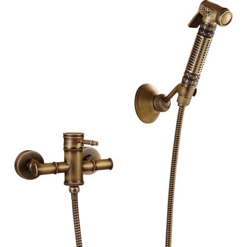 European Style Single Handle Bamboo Hot and Cold Bidet Faucet Antique Brass Bathroom Washing Flushing Mixer Taps
