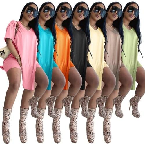 Adogirl Women Solid Color Tracksuit V Neck Short Sleeve Side Split Loose Long T Shirt + Shorts Hihg Street Casual Two Piece Set