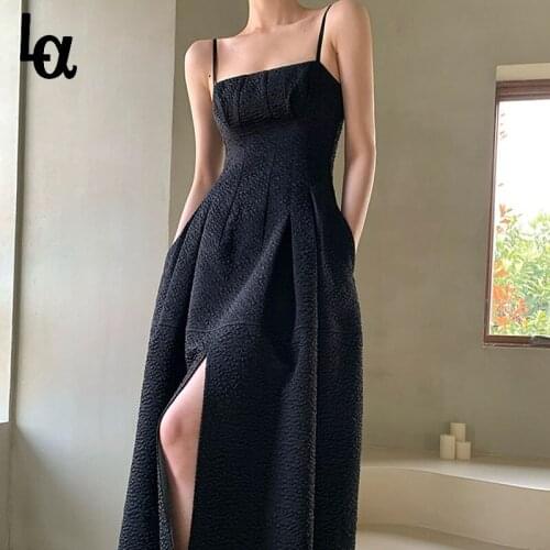 Luck A 2021 Summer Elegant Black Dress Women Sleeveless Slim Strap Dress Evening Party One Piece Dress Korean Office Lady