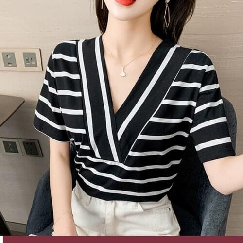 LJSXLS Summer Striped V-Neck Womens T-shirt Cotton Color Contrast Woman T-shirts Black Casual Short Sleeve Tee Shirt Top Femme