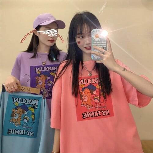 Summer college style cartoon letter printing half-sleeved mid-length loose cotton T-shirt women