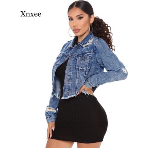 Spring and Autumn Womens Casual Womens Short Denim Coat Ripped Full Sleeve Jacket Tassel Jacket Denim Jacket Women