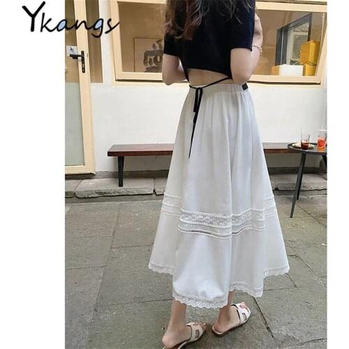 Hollow Out Women Gentle Skirt Patchwork Lace Ruffle High Waist Skirt Summer Korean Wild Femme Loose Casual White Long Skirts