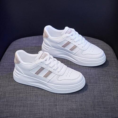 2021 New Spring Women Casual Platform Shoes Leather Striped White Comfortable Girl Thick-soled Leisure White Flat Shoes Sneakers