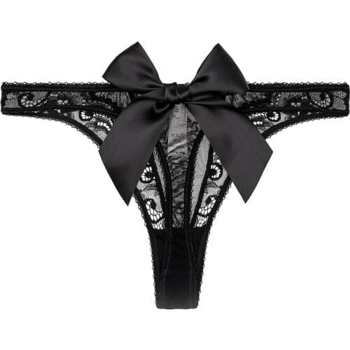 Big bow woman sexy thong transparent lace ultra thin panties underwear black white red low rise panty CYHWR