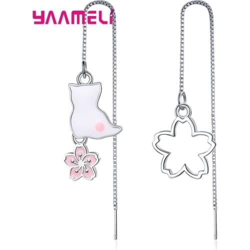 925 Sterling Silver Earrings Jewelry Women Girl Austria Crystal Rhinestone Flower Cat Charms Long Box Chain Thread Pendientes