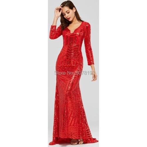 2019 graceful V-neck tree quarter natural mermaid/trumpet sequins lace floor-length sweep trailing dress/gown free shipping
