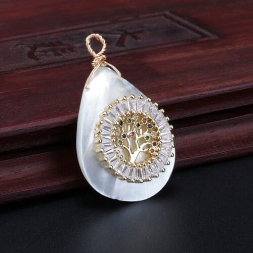 Rectangle white crystal mix cz paved tree of life charm natural white water drop shell pendant choker necklace for women