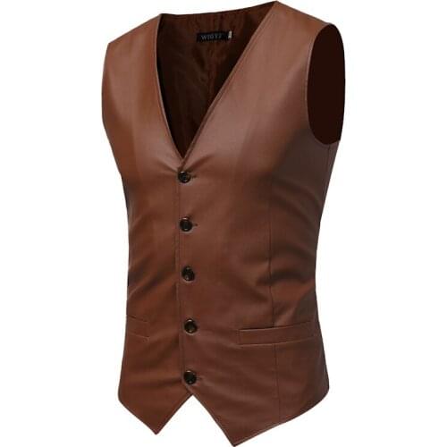 PU Leather Vests 2020 Slim Fit PU leather Mens Suit Vest Male Waistcoat Gilet Homme Casual Sleeveless Formal Business Jacket