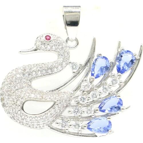 37x21mm Delicate Fine Cut Created Paris Blue Topaz Smokey Quartz Dating Silver Pendant Fine Jewelry