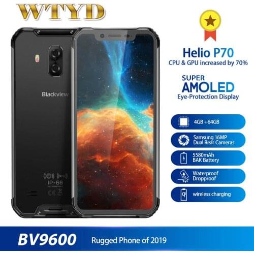 2019 New Blackview BV9600 IP68 Waterproof Mobile Phone 4GB 64GB Android 9.0 6.21" 5580mAh Wireless Charge NFC Face ID Smartphone