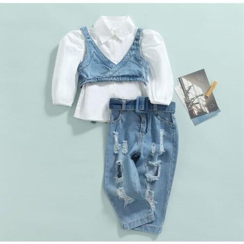 1-6 Years Girls 3pcs Set Casual Solid Color Long Sleeve Shirt V-Neck Vest Jeans With Broken Holes Girls Spring Fall Clothing Set